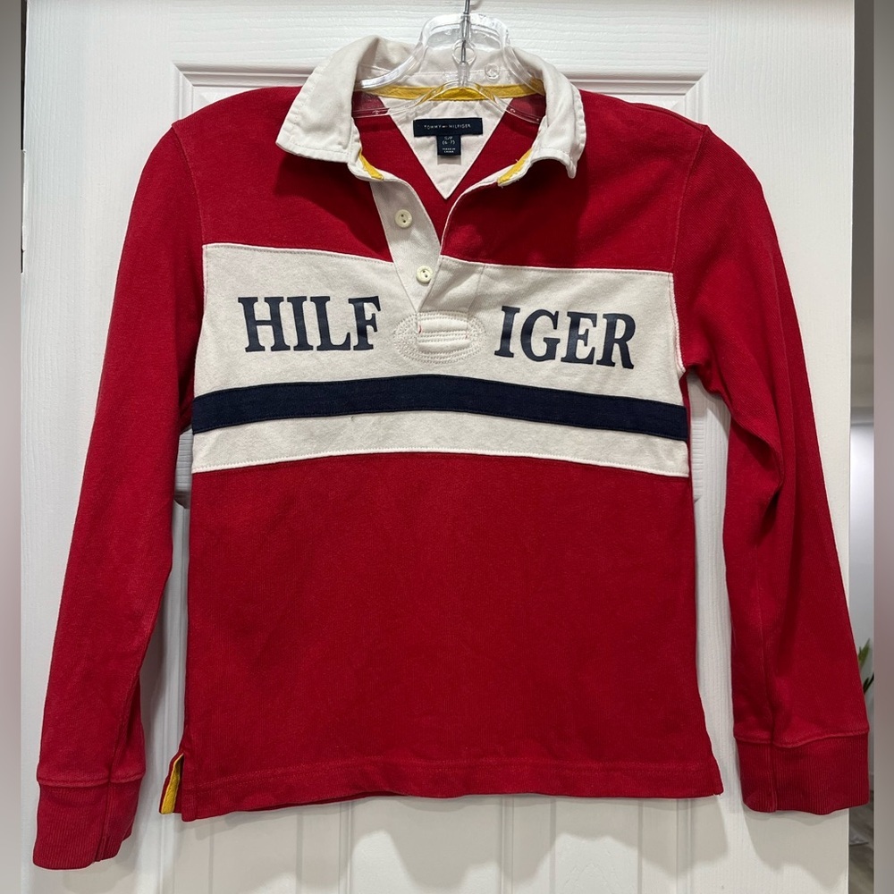 Tommy Hilfiger Vintage 90s Red Rugby Long Sleeve Polo Shirt Youth Kids